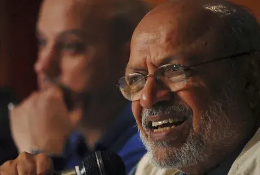 Indian film directors Shyam Benegal, right, is seen during a discussion on Indian Cinema in Hyderabad, India, Monday, Feb. 18, 2008. (AP Photo/Mahesh Kumar A, File)