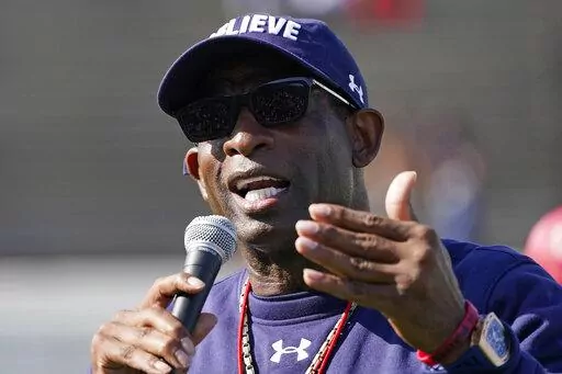 Jackson State football coach Deion Sanders speaks to the fans prior to the Jackson State's Blue and White Spring football game, an NCAA college football contest, on April 24, 2022, in Jackson, Miss. Sanders has emerged as the most high-profile advocate for the league and HBCUs in general, but his colleagues are embracing potential change and celebrating the status quo as well. Sanders touted the league’s “exponential growth” Thursday, July 21, 2022, at the media day amid a challenging back
