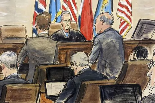 This artist sketch depicts Dominion Voting Systems attorney Justin Nelson, standing left, and Fox News attorney Daniel Webb, standing at right, speaking to Judge Eric Davis before finishing jury selection in Delaware Superior Court Tuesday, April 18, 2023, in Wilmington, Del. (Elizabeth Williams via AP, File)
