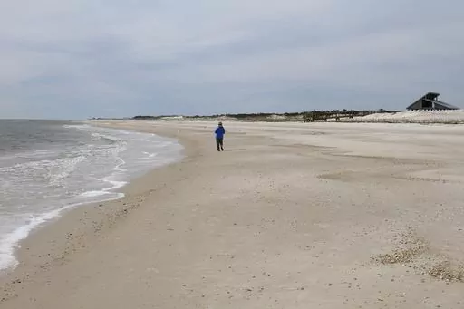 Miles of empty beach and billions of sea shells await a lone beachcomber at St. George Island State Park near Apalachicola in the Florida Panhandle, Feb. 5, 2007. The nine-mile (14-kilometer) stretch of Florida sugar-white sand in an unspoiled natural setting alongside the Gulf of Mexico is the nation's best beach for 2023, according to the annual ranking released Thursday, May 18, 2023, by the university professor known as “Dr. Beach.” (AP Photo/William Kronholm, File)