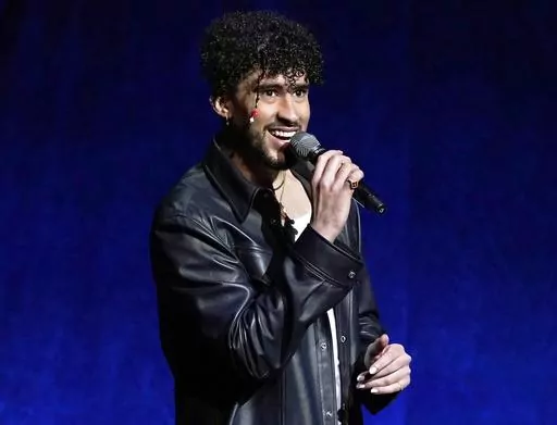 Bad Bunny speaks at the Sony Pictures Entertainment presentation at CinemaCon 2022 in Las Vegas on April 25, 2022. In March 2023, Bad Bunny’s ex–girlfriend is suing the superstar for at least $40 million over a well-known voice recording she provided the singer before he became famous. (AP Photo/Chris Pizzello, File)