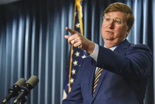 Mississippi Governor Tate Reeves speaks at a press conference regarding the Rental Assistance for Mississippians Program (RAMP) established during the COVID-19 pandemic in Jackson, Miss., Wednesday, Aug. 3, 2022. The Governor announced that the state would no longer be accepting applications for the program effective Aug. 15, the remaining funds of which would be returned to the United States Department of the Treasury. (Hannah Mattix/The Clarion-Ledger via AP)