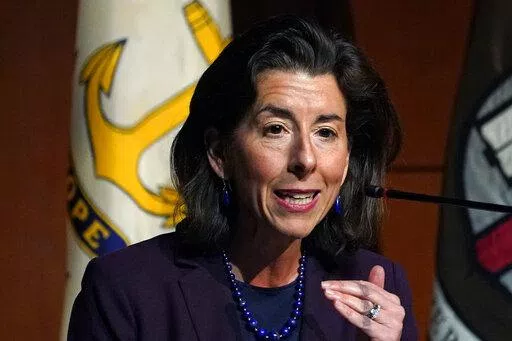 U.S. Secretary of Commerce Gina Raimondo speaks during an address at Brown University, March 15, 2022, in Providence, R.I. Just days before Russia invaded Ukraine on Feb. 24, President Joe Biden quietly dispatched a team to European Union headquarters in Belgium. Raimondo said what ultimately drove the agreement to an export ban and the groundwork to immobilize about half the foreign holdings of Russia's central bank, was the threat of Putin's imminent attack on Ukraine. (AP Photo/Charles Kr