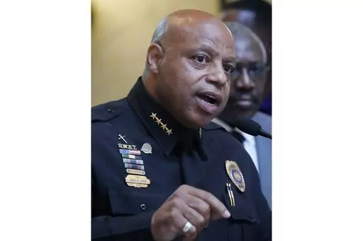 Jackson Police Chief James E. Davis speaks Wednesday, May 4, 2022, about a public safety initiative in Jackson, Miss. Davis announced on Friday, May 19, 2023, that he was retiring after 30 years with the Jackson Police Department, the last five as chief. (AP Photo/Rogelio V. Solis, File)