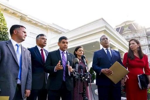 Congressional Hispanic Caucus Chairman Rep. Raul Ruiz, D-Calif., accompanied by from left, Rep. Darren Soto, D-Fla., Rep. Tony Cardenas, D-Calif., Rep. Nanette Barragan, D-Calif., Rep. Adriano Espaillat, D-N.Y., and Rep. Teresa Leger Fernandez, D-N.M., speaks to members of the media following a meeting with President Joe Biden at the White House in Washington, Monday, April 25, 2022. (AP Photo/Andrew Harnik)