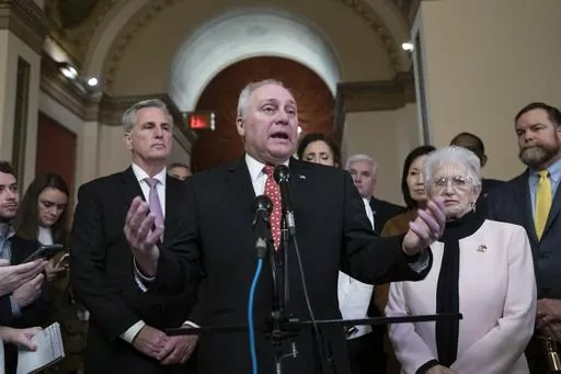 House Majority Leader Steve Scalise, R-La., is flanked by Speaker of the House Kevin McCarthy, R-Calif., left, and Rep. Virginia Foxx, R-N.C., as he talks to reporters at the Capitol in Washington, March 24, 2023. House Republicans are set to approve a sprawling energy package that counters virtually all of President Joe Biden's agenda to address climate change. (AP Photo/J. Scott Applewhite, File)