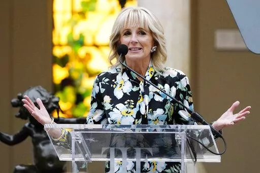First lady Jill Biden speaks at the unveiling of the Met Museum Costume Institute's exhibit "In America: A Lexicon of Fashion" on Monday, May 2, 2022, in New York. (Photo by Charles Sykes/Invision/AP)