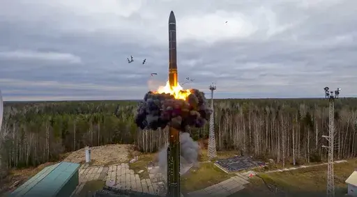 In this image taken from video released by Russian Defense Ministry Press Service on Oct. 26, 2022, a Yars intercontinental ballistic missile is test-fired as part of Russia's nuclear drills from a launch site in Plesetsk, northwestern Russia. (Russian Defense Ministry Press Service via AP, File)