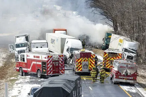Interstate 81 North near the Minersville exit, Foster Twp., Pa., was the scene of a multi-vehicle crash on Monday, March 28, 2022. (David McKeown/Republican-Herald via AP)