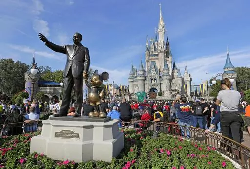 A statue of Walt Disney and Micky Mouse stands in front of the Cinderella Castle at the Magic Kingdom at Walt Disney World in Lake Buena Vista, Fla., Jan. 9, 2019. It’s going on six months since Bob Iger returned to The Walt Disney Co., and while there’s been plenty of issues to keep him busy, one has definitely been top of mind: reconnecting with the Disney theme park die-hards and restoring their faith in the brand. (AP Photo/John Raoux, File)