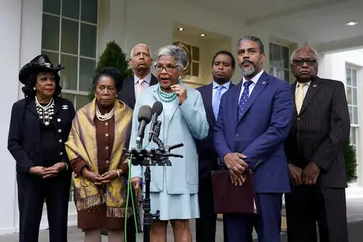 Rep. Joyce Beatty, D-Ohio, chair of the Congressional Black Caucus, speaks with members of the press after meeting with President Joe Biden at the White House, March 7, 2022, in Washington. Standing with Beatty are Rep. Frederica Wilson, D-Fla., from left, Rep. Sheila Jackson Lee, D-Texas, Rep. Hank Johnson, D-Ga., Rep. Joe Neguse, D-Colo., Rep. Steven Horsford, D-Nev., and House Majority Whip Jim Clyburn, D-S.C. With their agenda stalled in Congress and the midterm election fast approaching, De