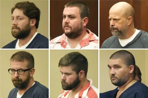 This combination of photos shows, from top left, former Rankin County sheriff's deputies Hunter Elward, Christian Dedmon, Brett McAlpin, Jeffrey Middleton, Daniel Opdyke and former Richland police officer Joshua Hartfield appearing at the Rankin County Circuit Court in Brandon, Miss., Aug. 14, 2023. A federal judge has, for the second time, postponed sentencing for six former Mississippi law enforcement officers who pleaded guilty to a long list of state and federal charges for torturing two Bla