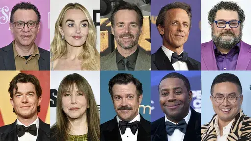 This combination of photos shows current and former members of "Saturday Night Live," top row from left, Fred Armisen, Chloe Fineman, Will Forte, Seth Meyers, Bobby Moynihan, bottom row from left, John Mulaney, Laraine Newman, Jason Sudeikis, Kenan Thompson and Bowen Yang. (AP Photo)