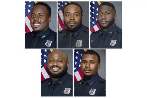 This combination of images provided by the Memphis, Tenn., Police Department shows, from top row from left, Police Officers Tadarrius Bean, Demetrius Haley, Emmitt Martin III, bottom row from left, Desmond Mills, Jr. and Justin Smith. The Justice Department announced Wednesday, March 8, 2023, that it will review the Memphis Police Department policies on use of force, de-escalation policies and specialized units in response to the fatal beating of Tyre Nichols during an arrest. (Memphis Police De