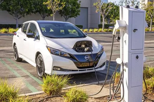 This photo provided by Nissan shows the 2023 Nissan Leaf, a small electric hatchback with an EPA-estimated range of up to 215 miles. (Jay K. McNally/Courtesy of Nissan North America via AP)