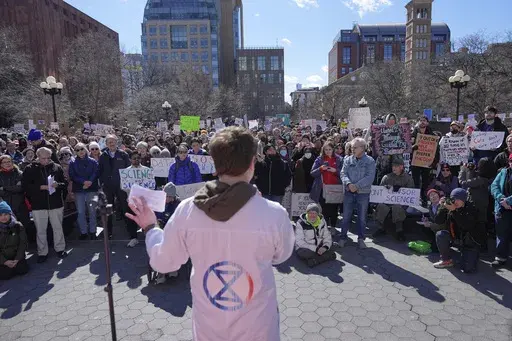 People listen to Griffin Gowdy, a PhD student at Columbia University, speak during a "Stand Up for Science" rally in New York, Friday, March 7, 2025. (AP Photo/Seth Wenig)
