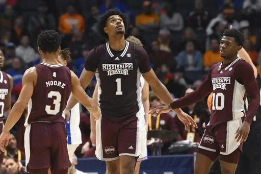 Mississippi State forward Tolu Smith (1) goes to the free throw line after scoring and being fouled by Florida during the second half of an NCAA college basketball game in the second round of the Southeastern Conference tournament, Thursday, March 9, 2023, in Nashville, Tenn. Mississippi State won 69-68. (AP Photo/John Amis)