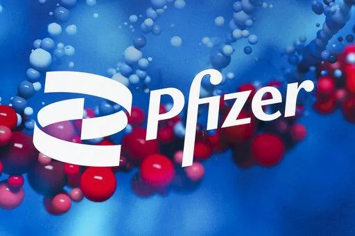 The Pfizer logo is displayed at the company's headquarters, Feb. 5, 2021, in New York. Sales of Pfizer’s COVID-19 vaccine and treatment pushed the drugmaker well past expectations in the first quarter, as profit grew 61%. (AP Photo/Mark Lennihan)