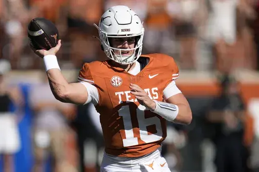 Texas quarterback Arch Manning (16) throws against Mississippi State during the first half of an NCAA college football game in Austin, Texas, Saturday, Sept. 28, 2024. (AP Photo/Eric Gay)