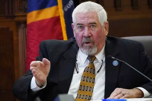 Sen. Kevin Blackwell, R-Southaven, lead negotiator, outlines the various sections of the Mississippi Medical Cannabis Act to members of the Senate Public Health and Welfare Committee at the Mississippi State Capitol in Jackson, Miss., Wednesday, Jan. 12, 2022. (AP Photo/Rogelio V. Solis)