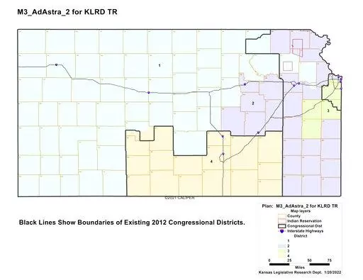 This image shows the "Ad Astra 2" congressional redistricting plan for Kansas drafted by the Kansas Legislative Research Department for Republican leaders in the GOP-controlled Legislature, Tuesday, Jan. 25, 2022, at the Statehouse in Topeka, Kan. A Kansas district court judge on Monday, April 25, 2022, struck down a new Republican-backed congressional map that would likely make it harder for the only Democrat in the state's delegation to win reelection this year. (Kansas Legislative Research De