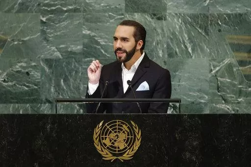 President of El Salvador Nayib Bukele addresses the 77th session of the United Nations General Assembly, at U.N. headquarters, Tuesday, Sept. 20, 2022. (AP Photo/Jason DeCrow)