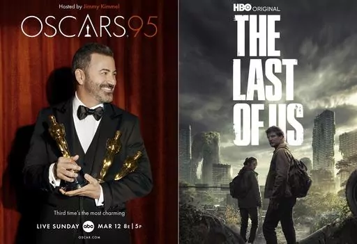 This combination of photos shows promotional art for the 95th Academy Awards, airing Sunday on ABC, left, and the HBO series "The Last of Us, airing Sunday on HBO. (ABC/HBO via AP)