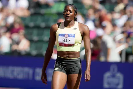 Kendall Ellis arrives for a heat women's 400-meter run during the U.S. Track and Field Olympic Team Trials, June 21, 2024, in Eugene, Ore. (AP Photo/Charlie Neibergall, File)