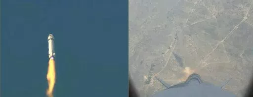 This image provided by Blue Origin shows a split screen of the New Shepard rocket before a launch failure on Monday, Sept. 12, 2022. Jeff Bezos' rocket company has suffered its first launch failure. No one was aboard, only science experiments. The Blue Origin rocket veered off course over West Texas about 1 1/2 minutes after liftoff Monday. (Blue Origin via AP)