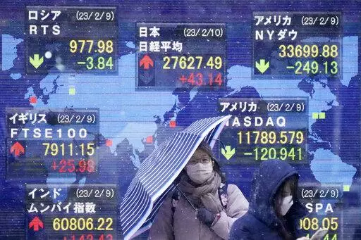 People stand in the snow near an electronic stock board showing Japan's Nikkei 225 and other countries indexes at a securities firm Friday, Feb. 10, 2023, in Tokyo. Asian shares were mostly lower on Friday after Wall Street retreated for a second day as market watchers considered earnings reports and various indicators about whether inflation is waning in the U.S. and elsewhere. (AP Photo/Eugene Hoshiko)