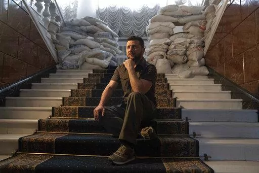 Ukrainian President Volodymyr Zelenskyy speaks during an interview with The Associated Press in his office in Kyiv, Ukraine, Saturday, April 9, 2022. A year ago, with Russian forces bearing down on Ukraine’s capital, Western leaders feared for the life of President Volodymyr Zelenskyy and the U.S. offered him an escape route. Zelenskyy declined, declaring his intent to stay and defend Ukraine’s independence. (AP Photo/Evgeniy Maloletka, File)