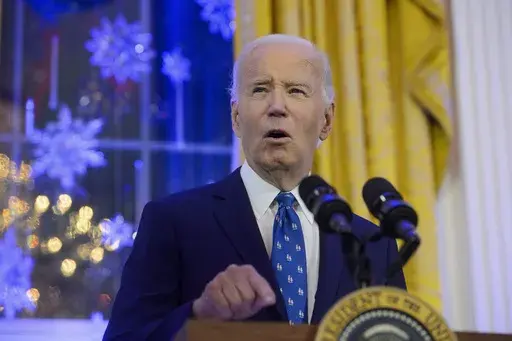 President Joe Biden speaks during a Hanukkah reception in the East Room of the White House in Washington, Monday, Dec. 16, 2024. (AP Photo/Rod Lamkey, Jr., File)