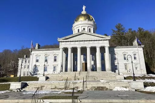 The Vermont State House stands on Feb. 14, 2023, in Montpelier, Vt. The Vermont House has passed a bill Thursday, March 2, that would raise the marriage age to 18, with no exceptions, a move that supporters say would reduce domestic violence and unwanted pregnancies and improve the lives of teens. (AP Photo/Lisa Rathke, File)