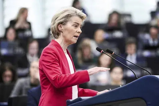European Commission president Ursula von der Leyen addresses European Parliament members on new plans to ramp up defense spending agreed at last week's summit, Tuesday, March 11, 2025 at the European Parliament in Strasbourg, eastern France. (AP Photo/Pascal Bastien)