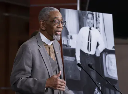 Rep. Bobby Rush, D-Ill., speaks during a news conference about the "Emmett Till Anti-Lynching Act" on Capitol Hill in Washington, on Feb. 26, 2020. Emmett Till, pictured at right, was a 14-year-old African-American who was lynched in Mississippi in 1955, after being accused of offending a white woman in her family's grocery store. Congress has given final approval to legislation that for the first time would make lynching a federal hate crime in the U.S. (AP Photo/J. Scott Applewhite, File)