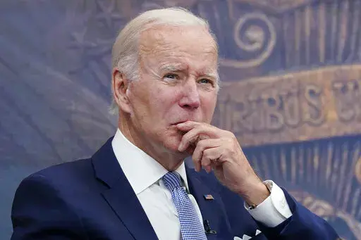 President Joe Biden listens during a meeting with CEOs about the economy in the South Court Auditorium on the White House complex in Washington, Thursday, July 28, 2022. One month into his presidency, President Joe Biden made clear his distaste for even naming the man he had ousted from the Oval Office, declaring, “I’m tired of talking about Trump.” But now, Biden is eagerly naming and singling out the “former guy” in prepared remarks and on social media. (AP Photo/Susan Walsh, File)