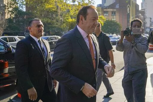 Actor Kevin Spacey arrives at Federal court for his civil lawsuit trial, Wednesday, Oct. 12, 2022, in New York. Spacey is facing a jury in a New York City courtroom during a civil trial accusing him of sexually abusing a 14-year-old actor in the 1980s when he was 26. (AP Photo/Mary Altaffer)