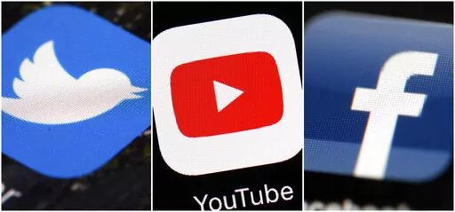 This combination of images shows logos for companies from left, Twitter, YouTube and Facebook. Russia's invasion of Ukraine is forcing big tech companies to decide how to handle state-controlled media outlets that spread propaganda and misinformation on behalf of the invaders. (AP Photo/File)