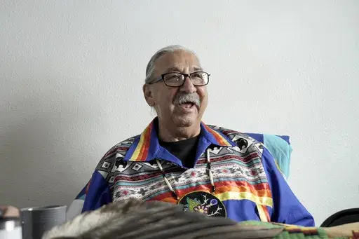 Leonard Peltier speaks during an interview in Belcourt, N.D, on Tuesday, Feb. 25, 2025. (AP Photo/Mark Vancleave)